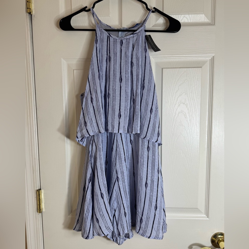 Abbeline Striped Blue Halter Romper NWT Size S $98 Flowy Rayon Summer One-Piece